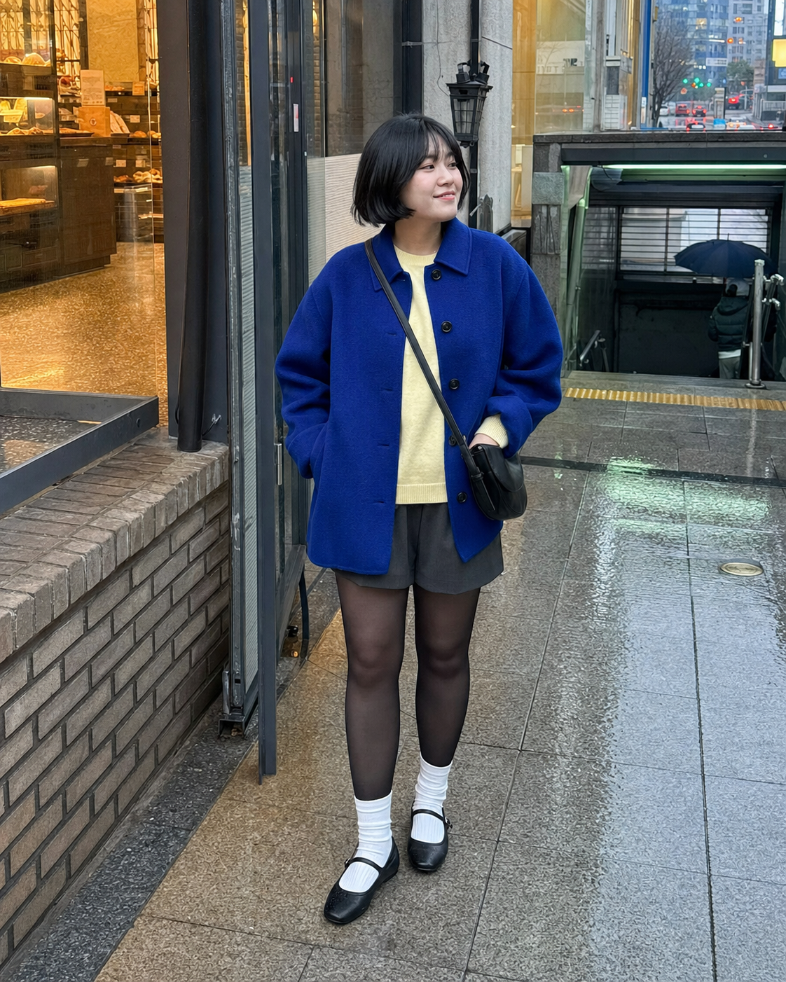 Seoul Rain Blue: 50D — adult outfit with black tights layered under white socks