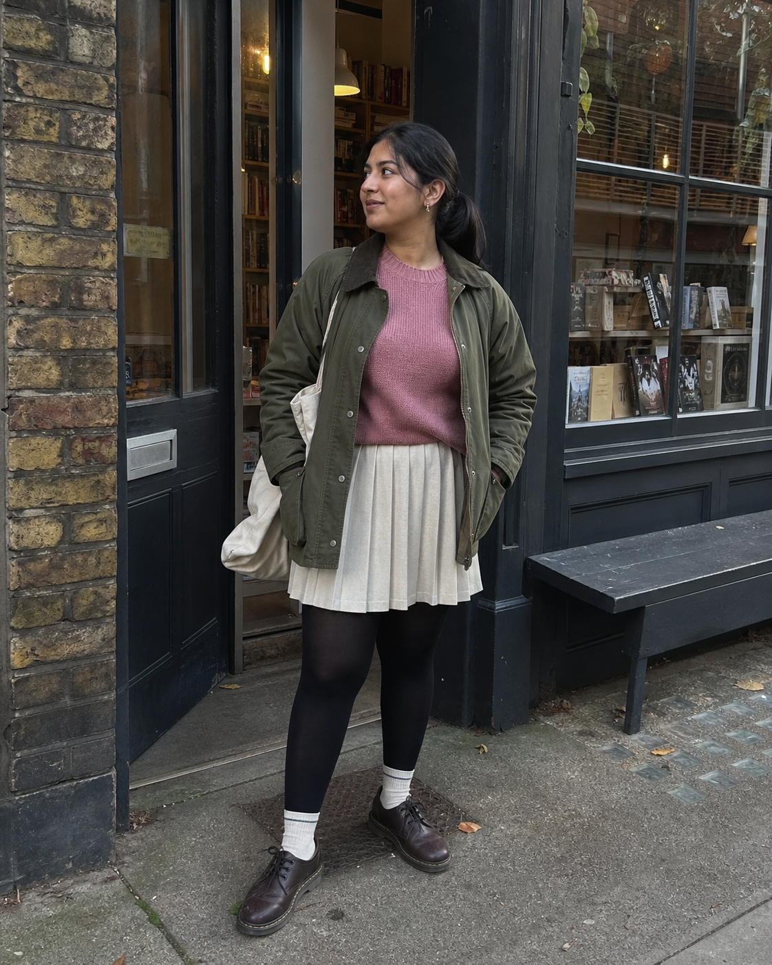 Bookshop Moss: 60D — adult outfit with black tights layered under white socks