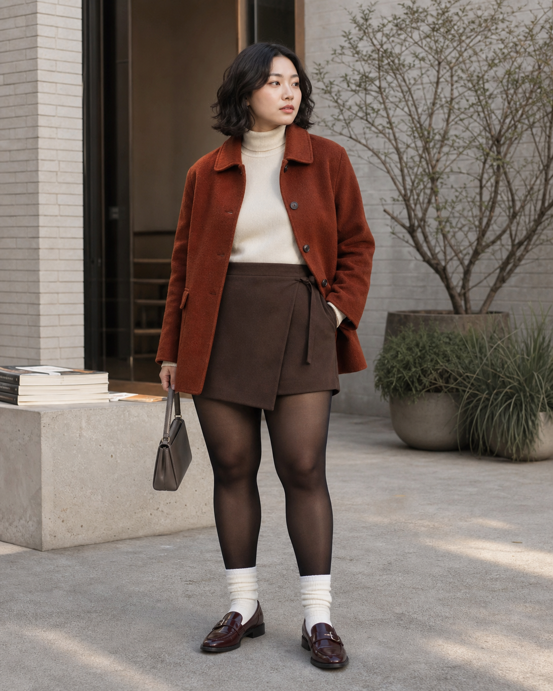 Rust Courtyard: 30D — adult outfit with black tights layered under white socks