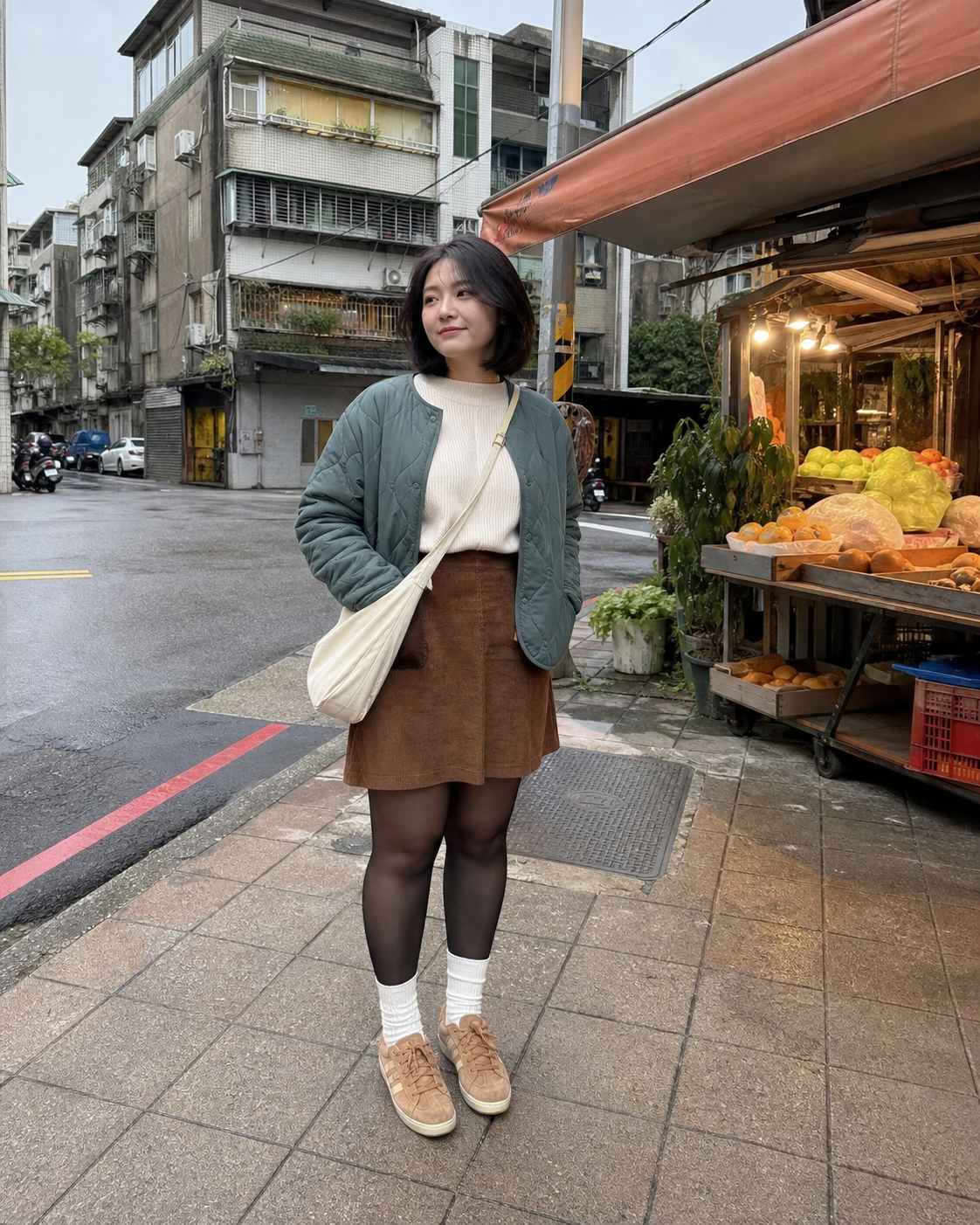 Taipei Market Teal: 20D — adult outfit with black tights layered under white socks