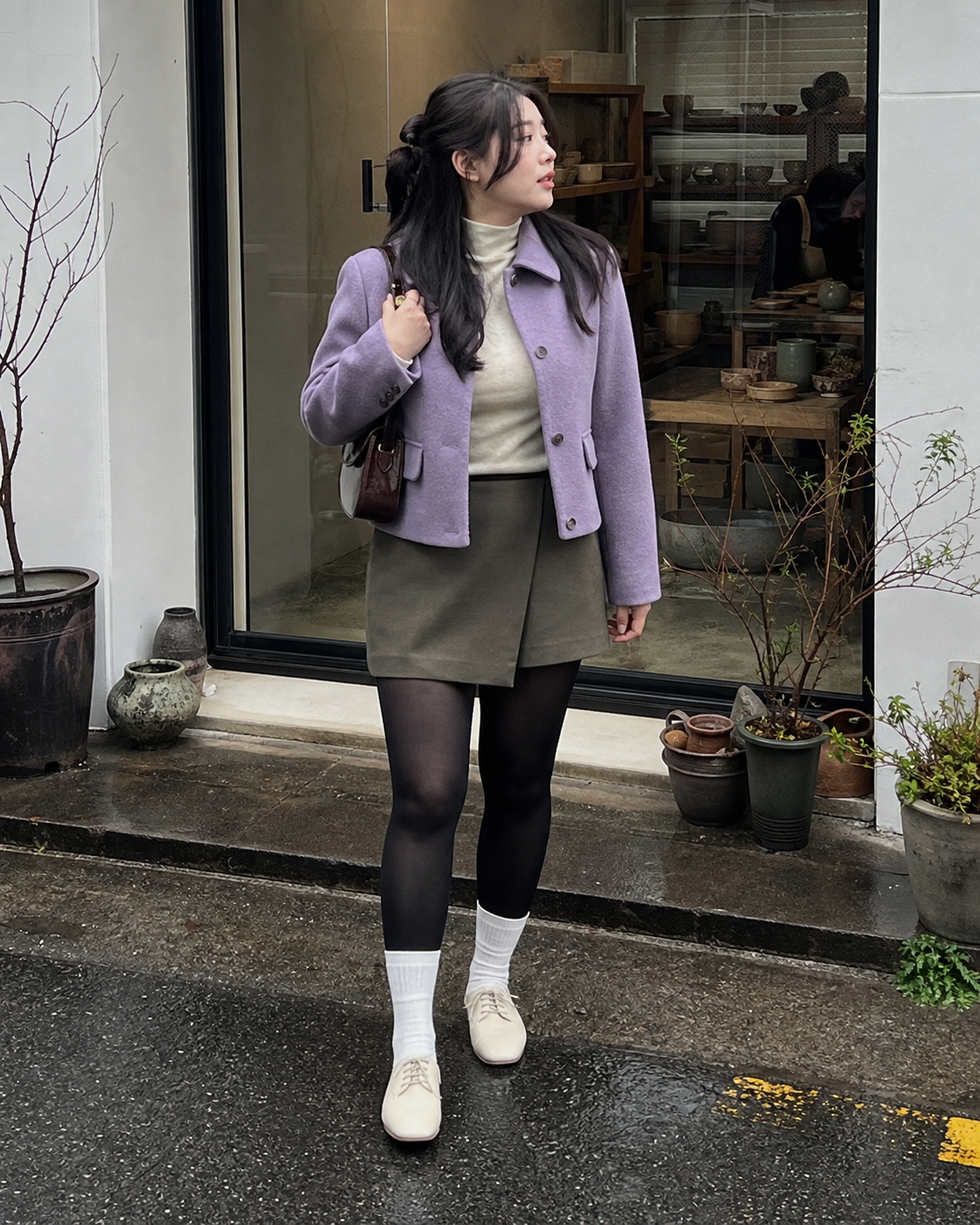 Seoul Lilac Rain: 40D — adult outfit with black tights layered under white socks