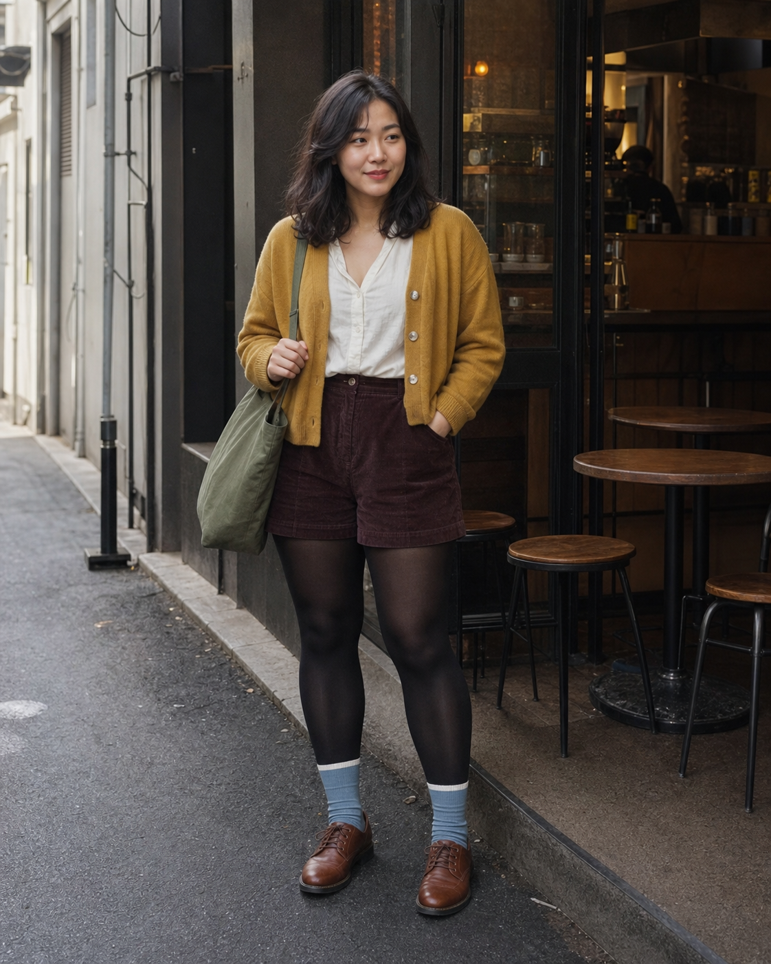 Melbourne Mustard: 30D — adult outfit with black tights layered under white socks