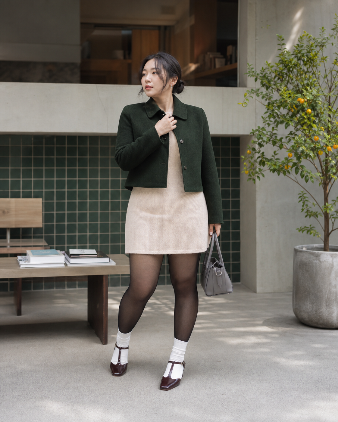 Taipei Citrus Court: 10D — adult outfit with black tights layered under white socks