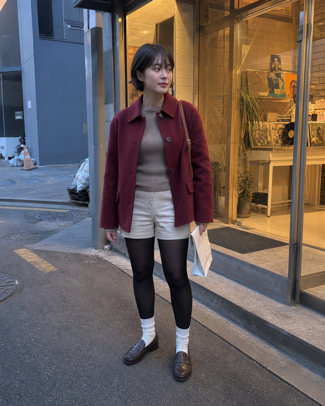 Record Shop Burgundy: 50D — adult outfit with black tights layered under white socks
