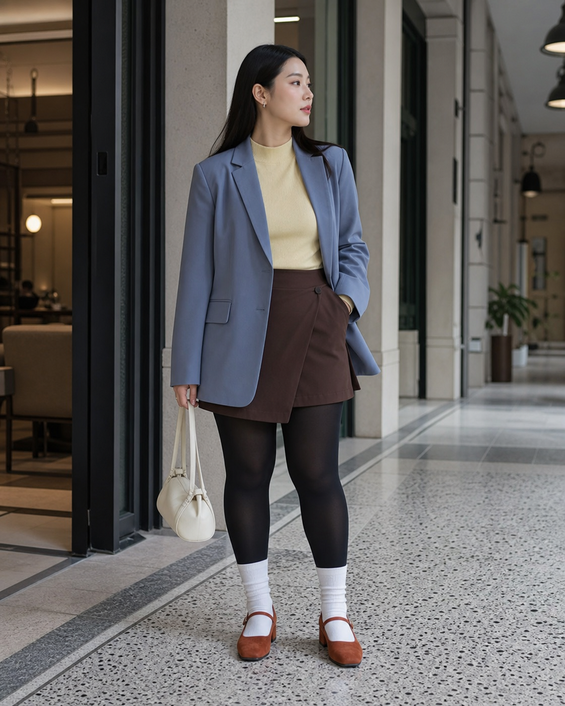 Cornflower Arcade: 60D — adult outfit with black tights layered under white socks