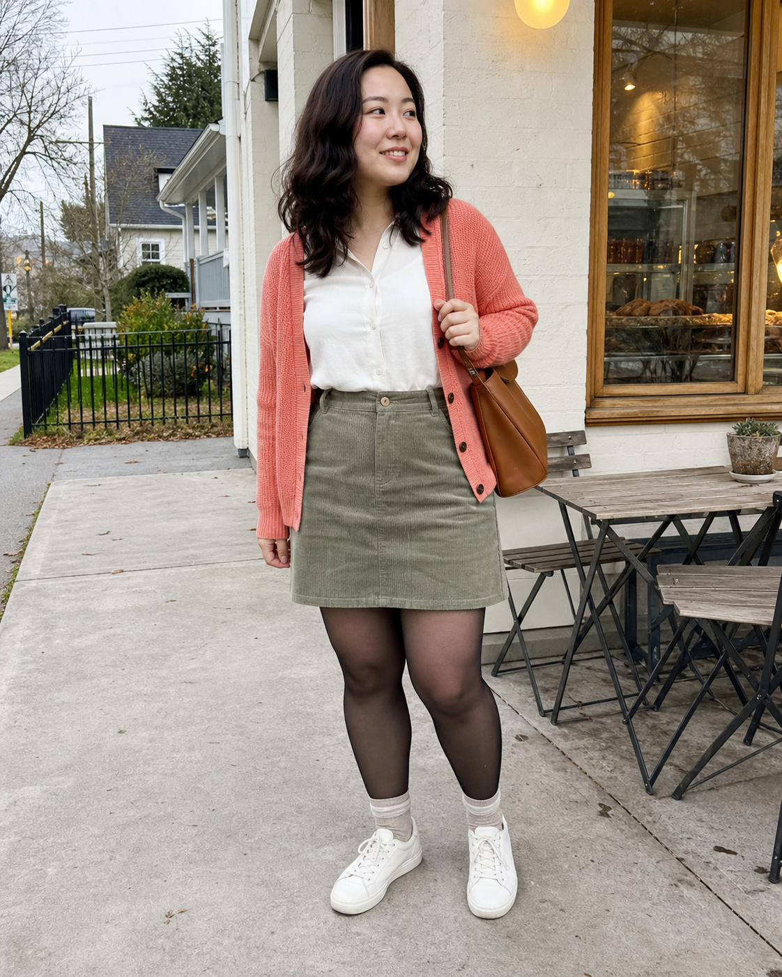 Vancouver Coral: 10D — adult outfit with black tights layered under white socks