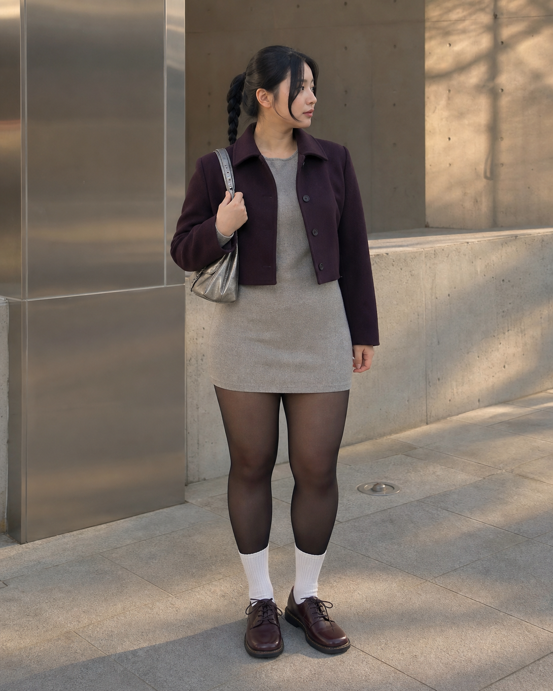 Aubergine Plaza: 20D — adult outfit with black tights layered under white socks