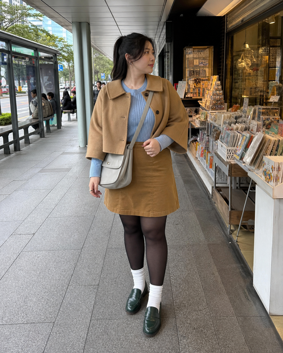 Taipei Ochre Walk: 30D — adult outfit with black tights layered under white socks