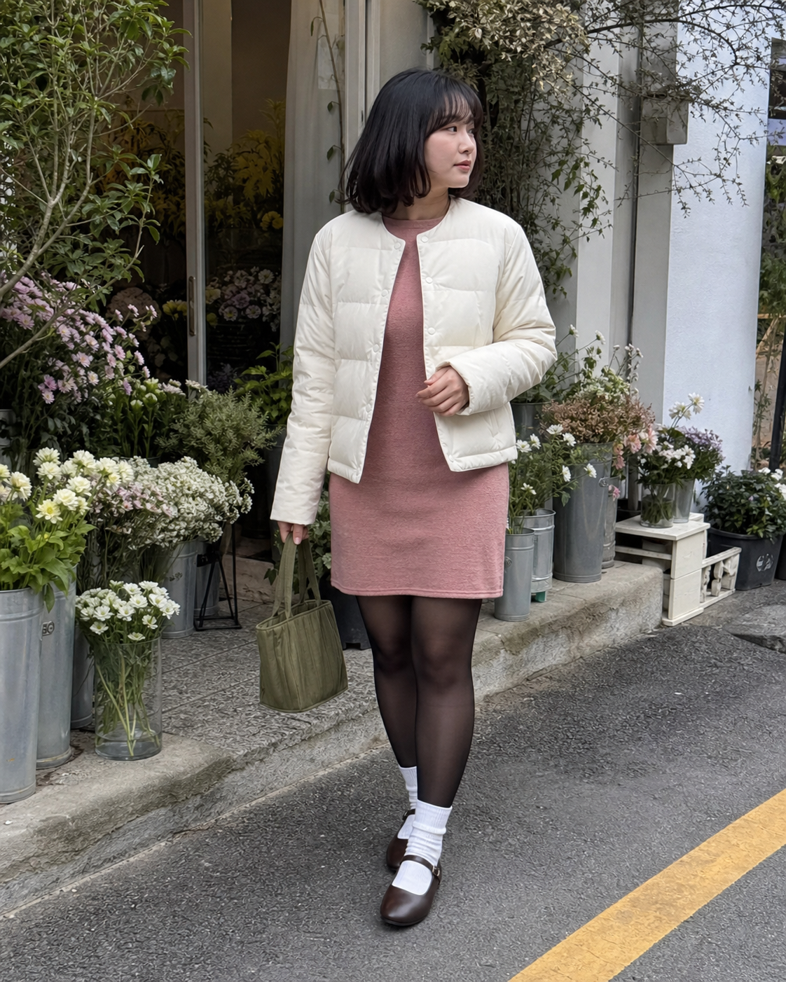 Seoul Rose Florist: 40D — adult outfit with black tights layered under white socks