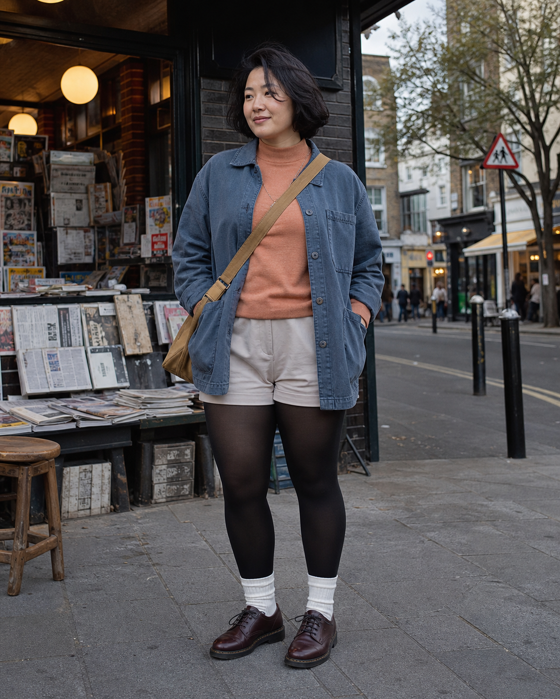 London Peach Newsstand: 50D — adult outfit with black tights layered under white socks