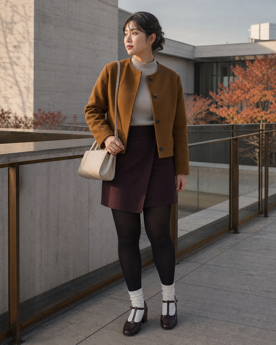 Kyoto Amber Terrace: 60D — adult outfit with black tights layered under white socks