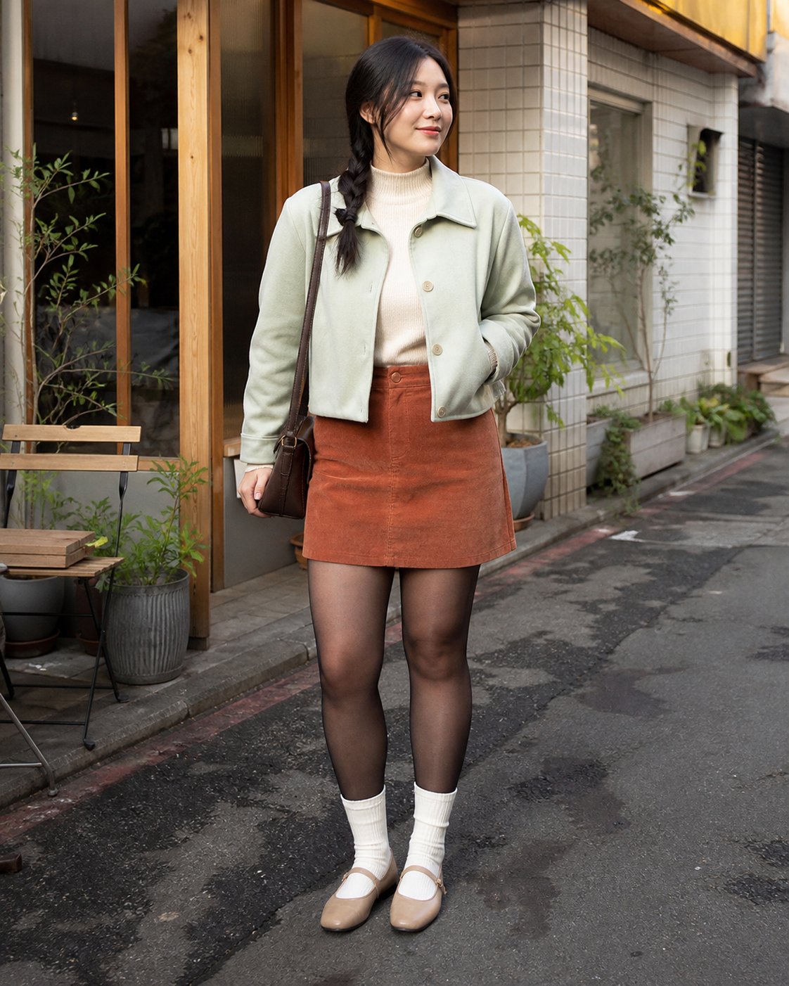 Taipei Mint Lane: 20D — adult outfit with black tights layered under white socks