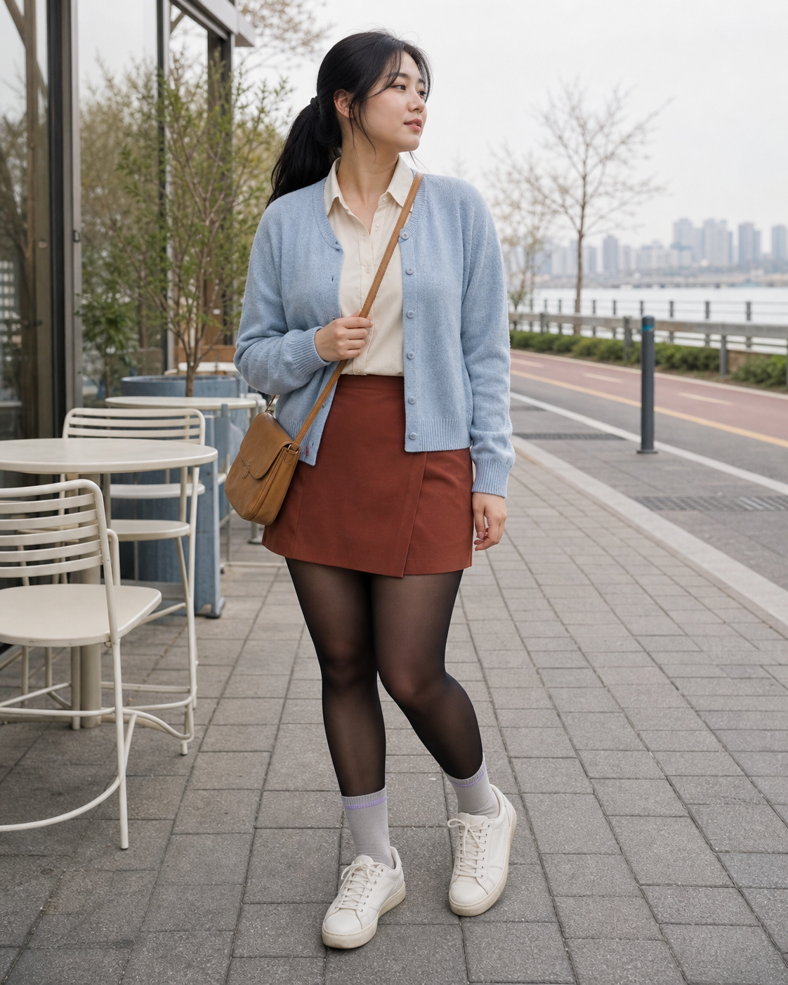 Seoul Powder Riverside: 30D — adult outfit with black tights layered under white socks