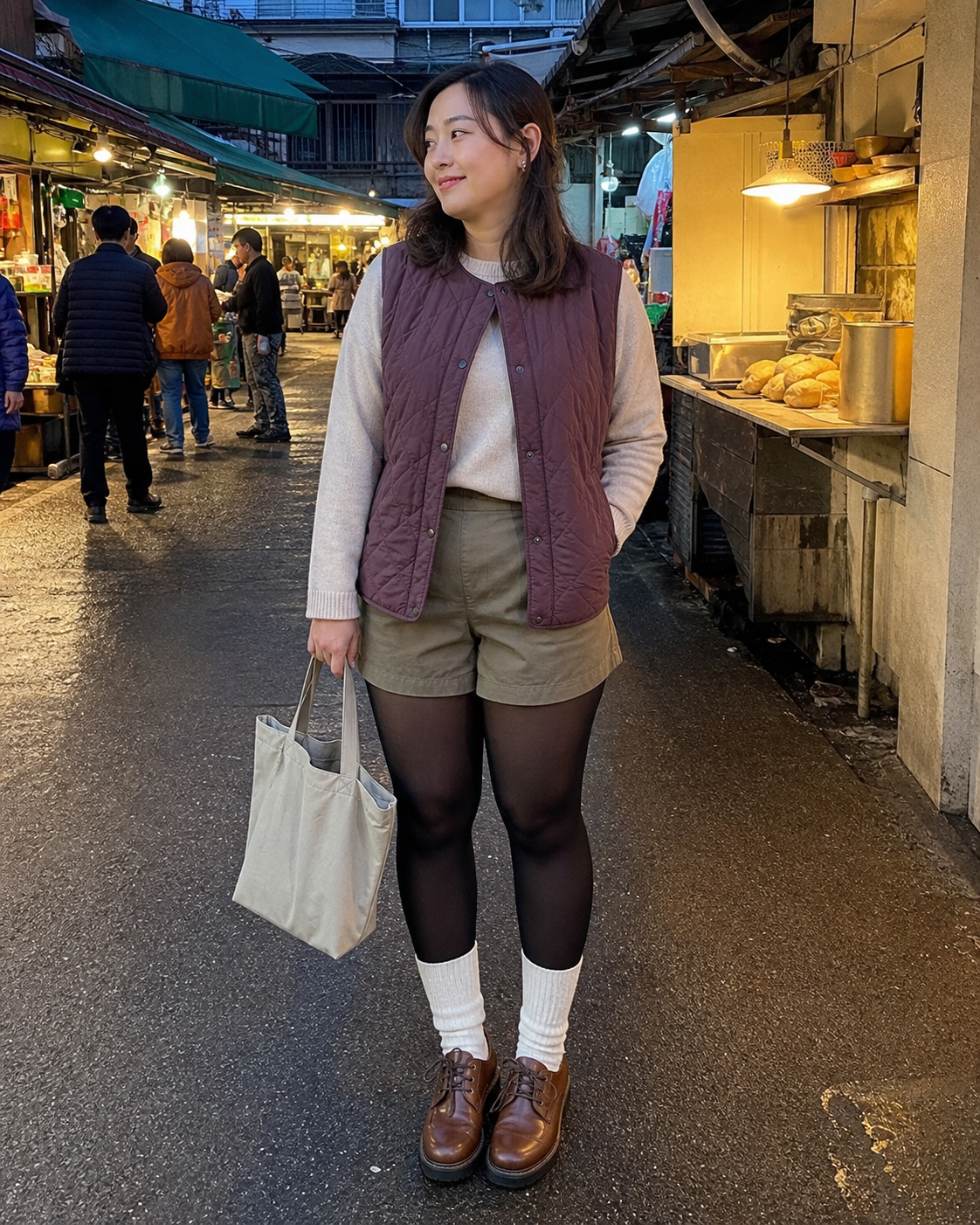 Taipei Plum Market: 50D — adult outfit with black tights layered under white socks