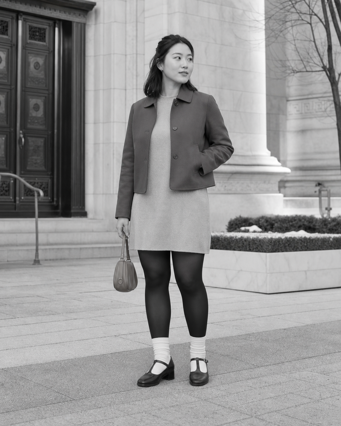 Monochrome Library: 60D — adult outfit with black tights layered under white socks