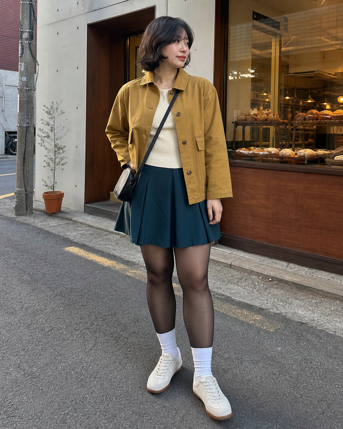 Seoul Mustard Bakery: 10D — adult outfit with black tights layered under white socks