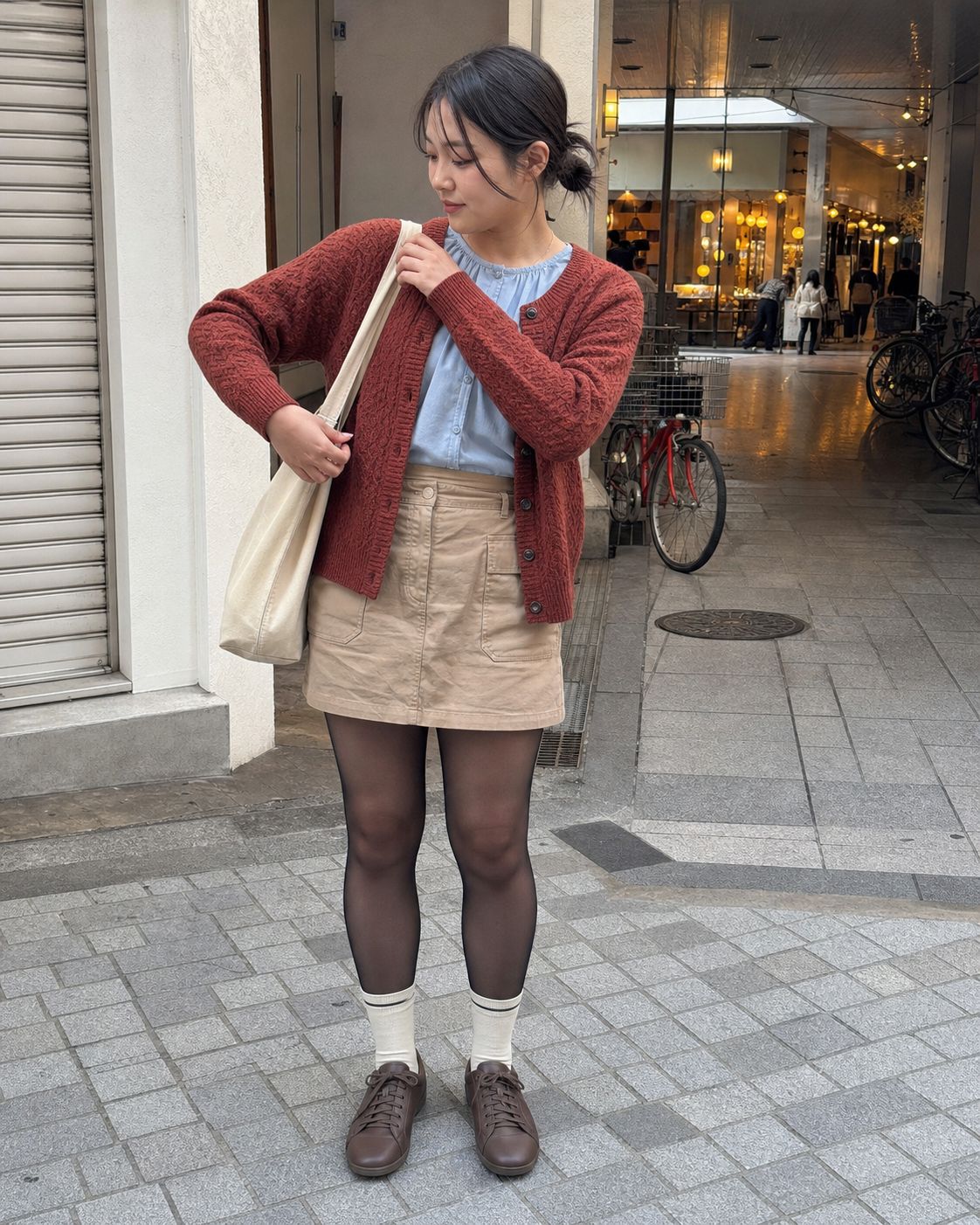 Osaka Rust Passage: 20D — adult outfit with black tights layered under white socks