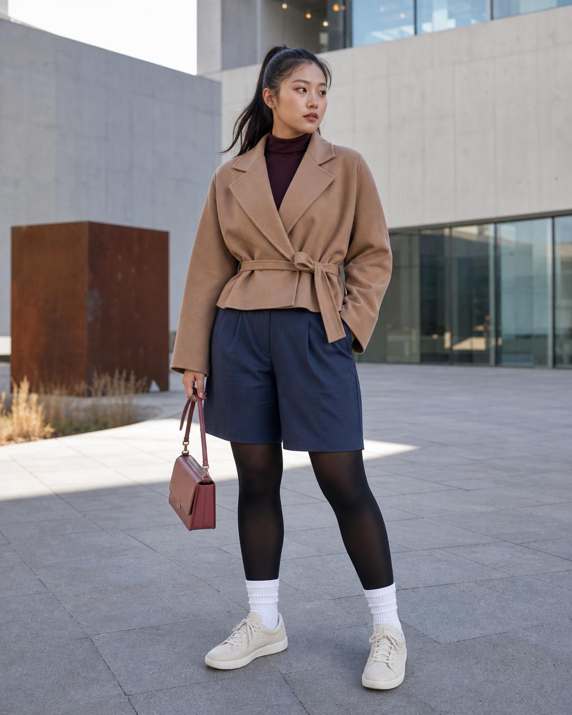 Ulaanbaatar Camel Courtyard: 50D — adult outfit with black tights layered under white socks