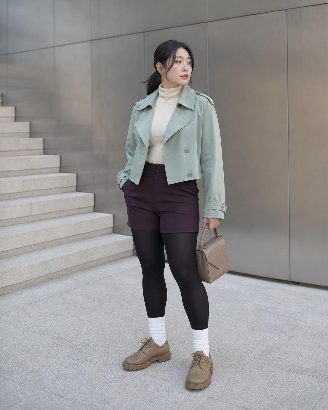 Seoul Seafoam Museum: 60D — adult outfit with black tights layered under white socks