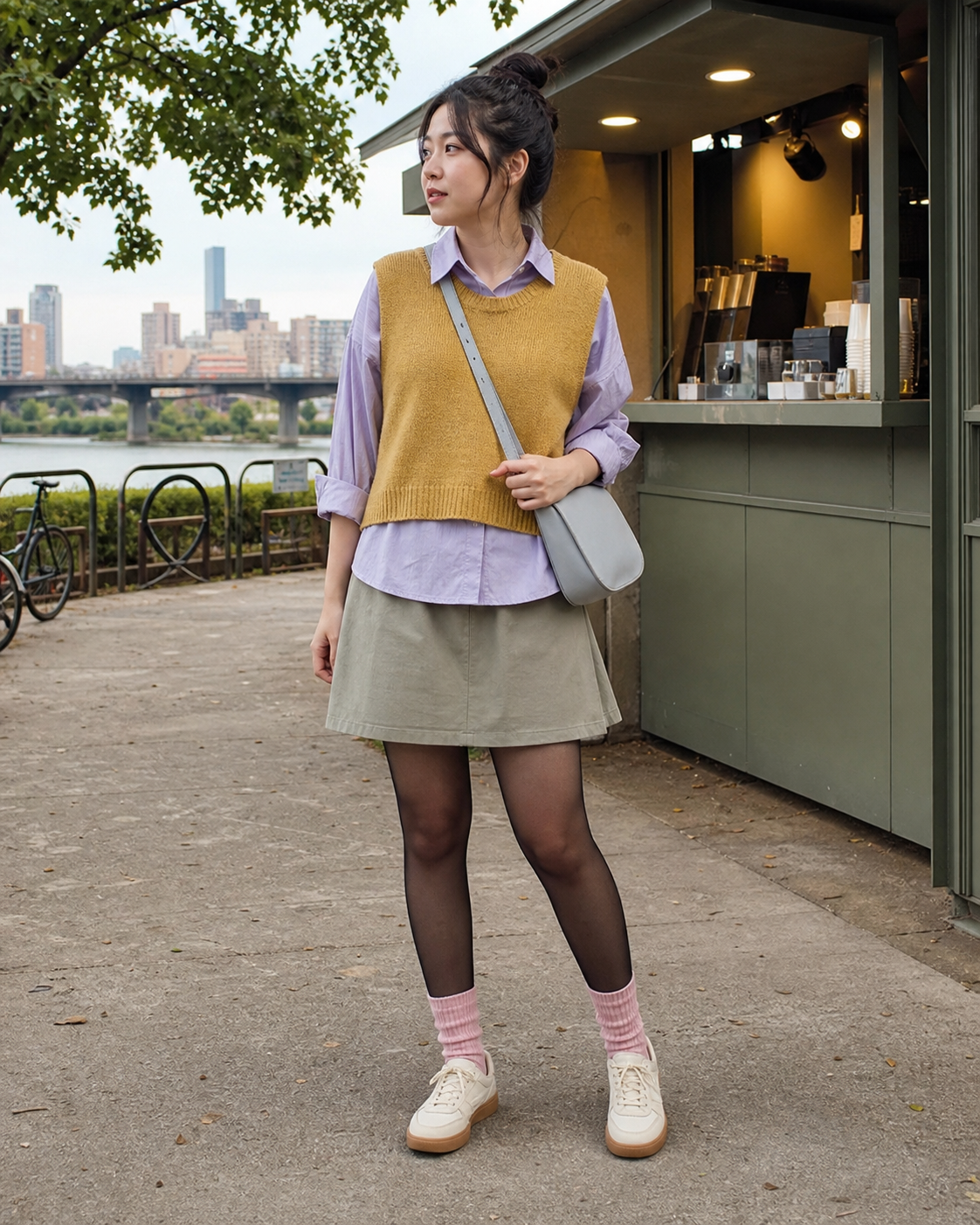 Taipei Saffron Riverside: 10D — adult outfit with black tights layered under white socks