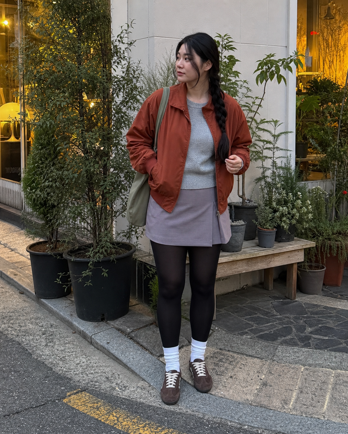Seoul Ember Plantshop: 50D — adult outfit with black tights layered under white socks