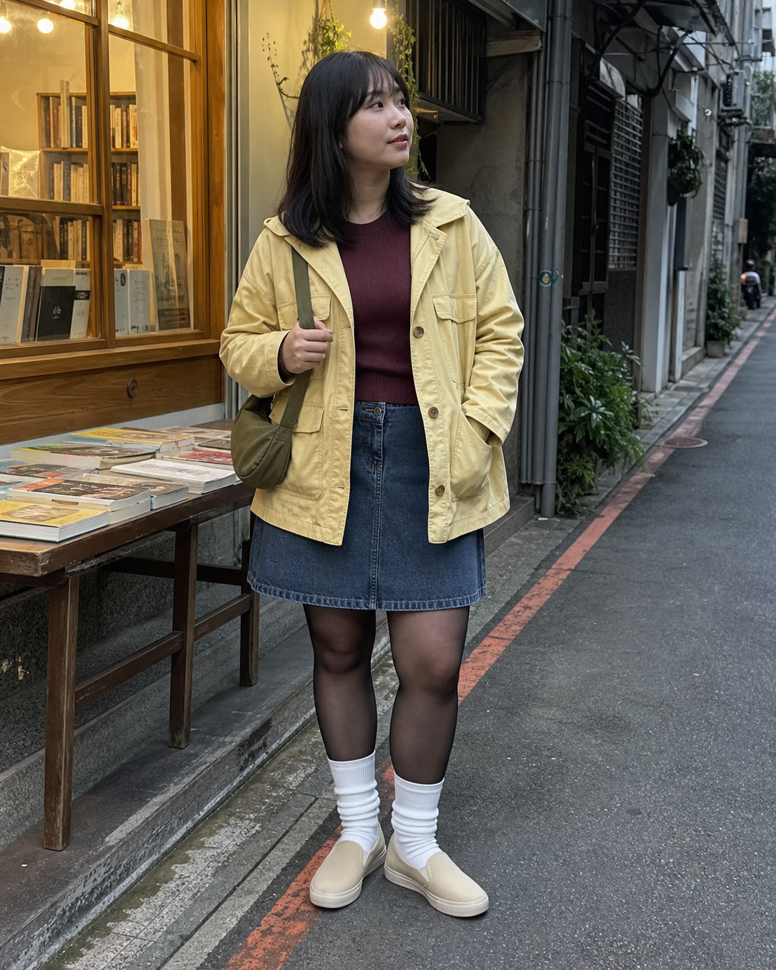 Taipei Butter Bookshop: 20D — adult outfit with black tights layered under white socks