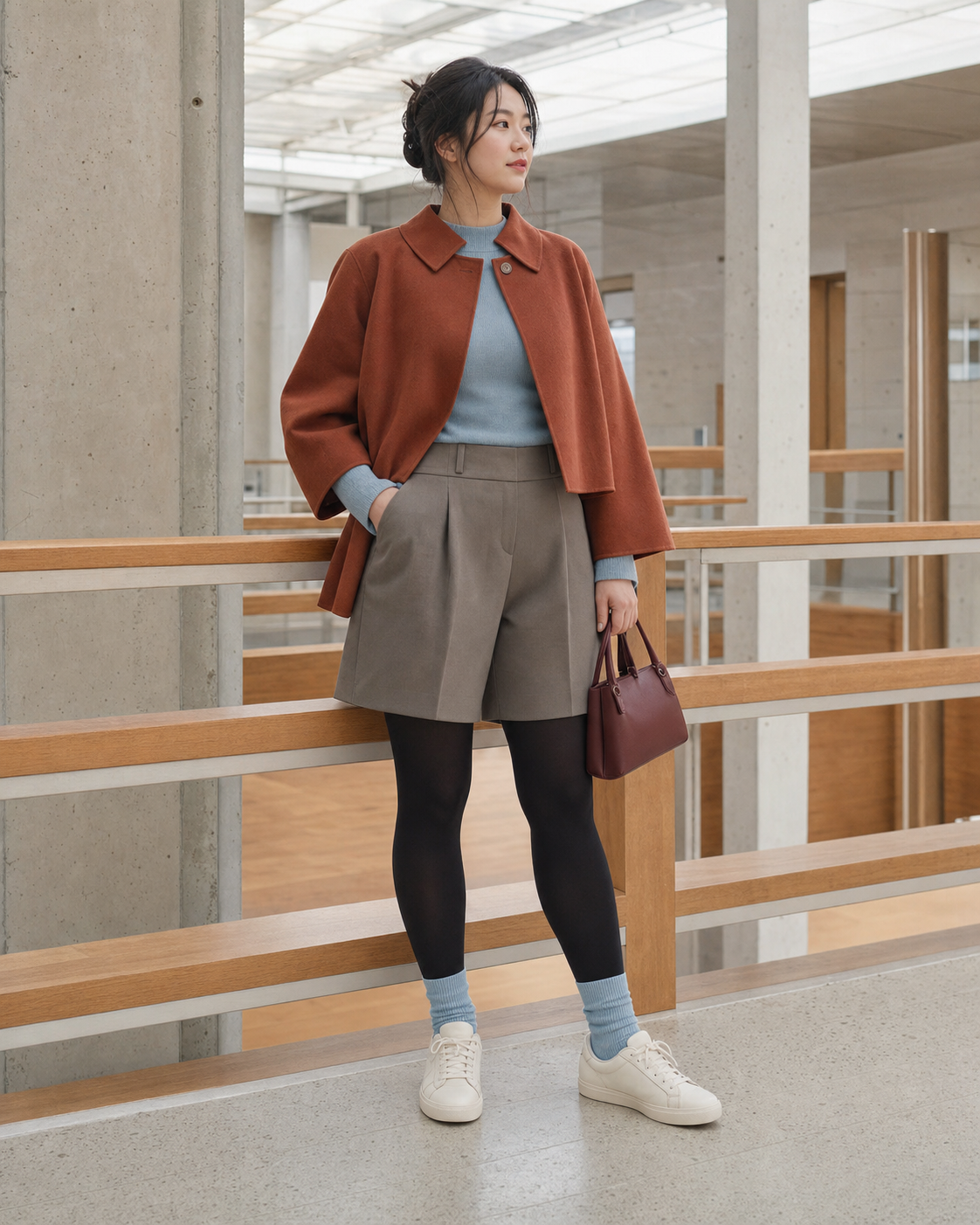 Seoul Terracotta Atrium: 60D — adult outfit with black tights layered under white socks