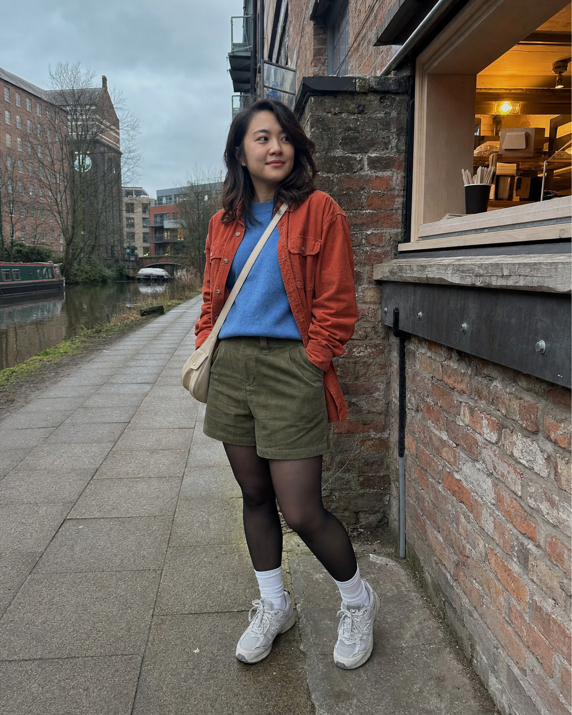 Manchester Canal Coffee: 30D — adult outfit with black tights layered under white socks