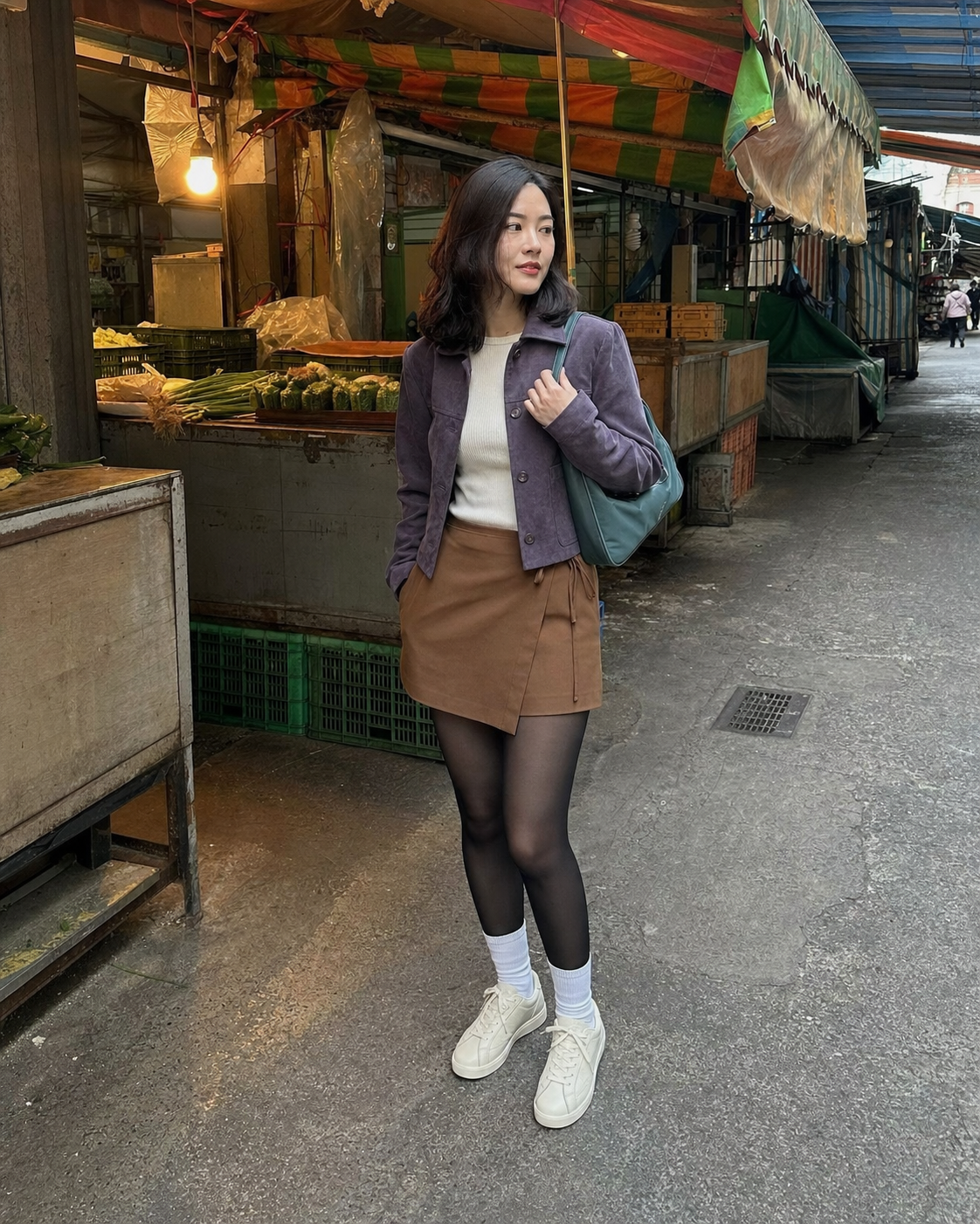 Taipei Violet Market: 40D — adult outfit with black tights layered under white socks