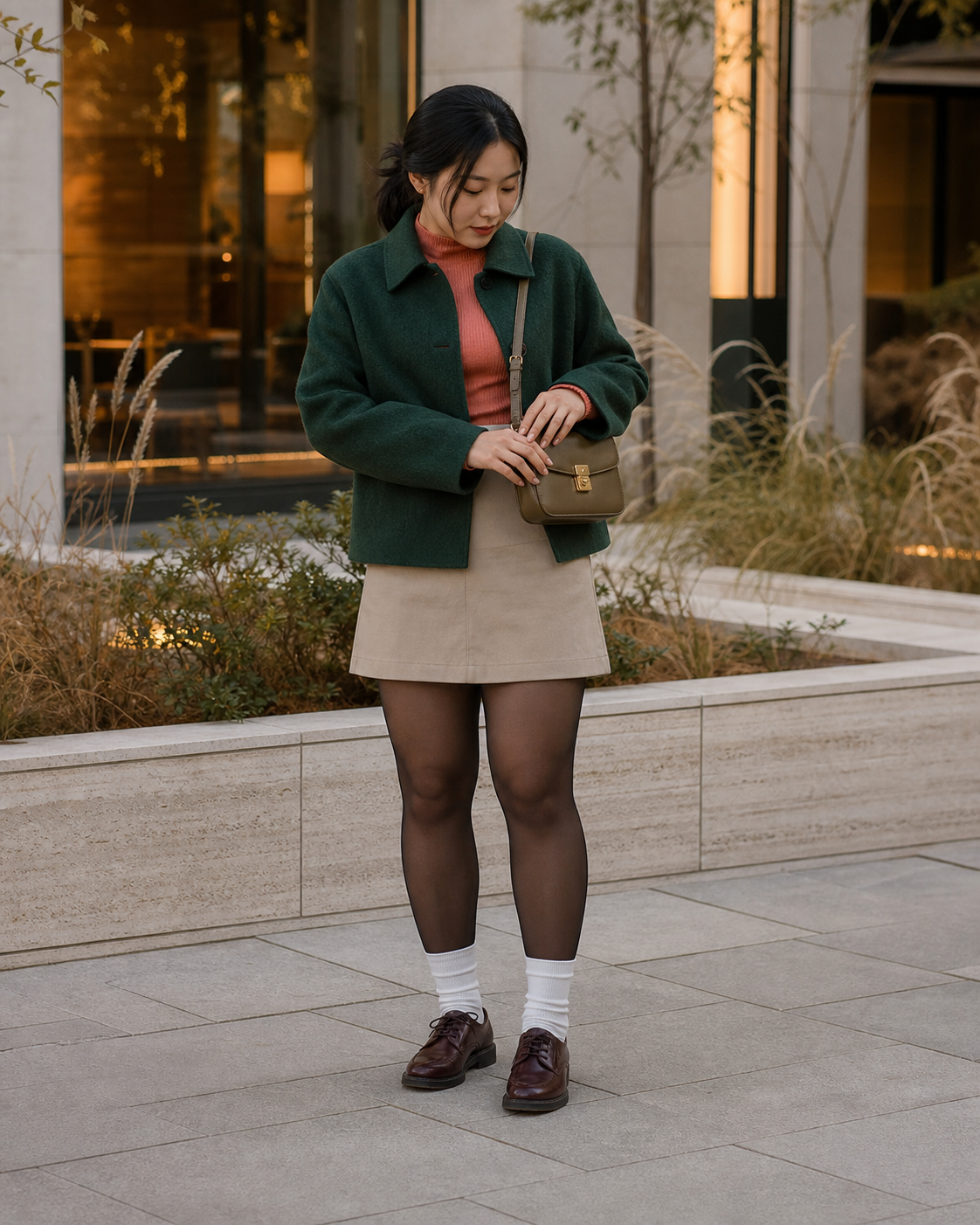 Seoul Forest Courtyard: 10D — adult outfit with black tights layered under white socks