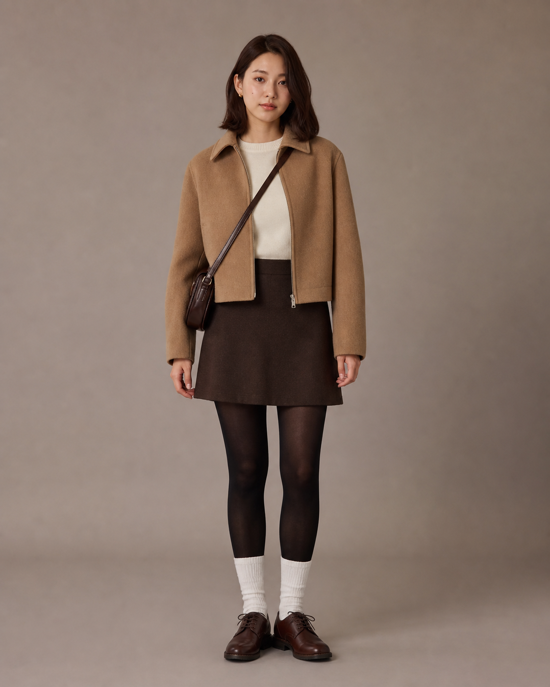 Camel & Cocoa: 60D — adult outfit with black tights layered under white socks