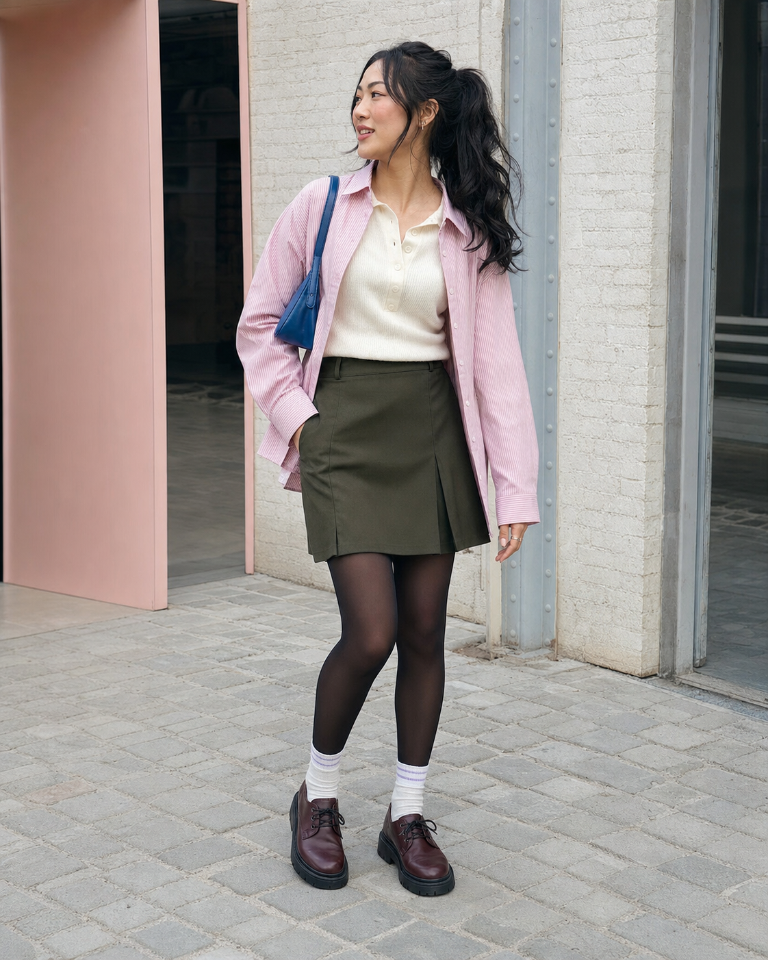 London Pink: 40D — adult outfit with black tights layered under white socks