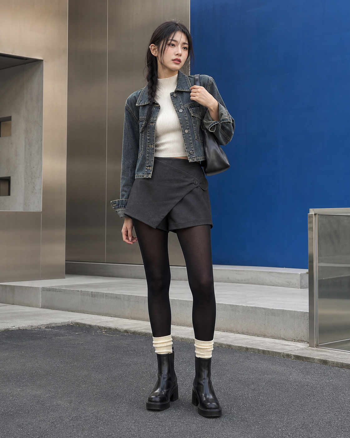 Seoul Indigo: 50D — adult outfit with black tights layered under white socks