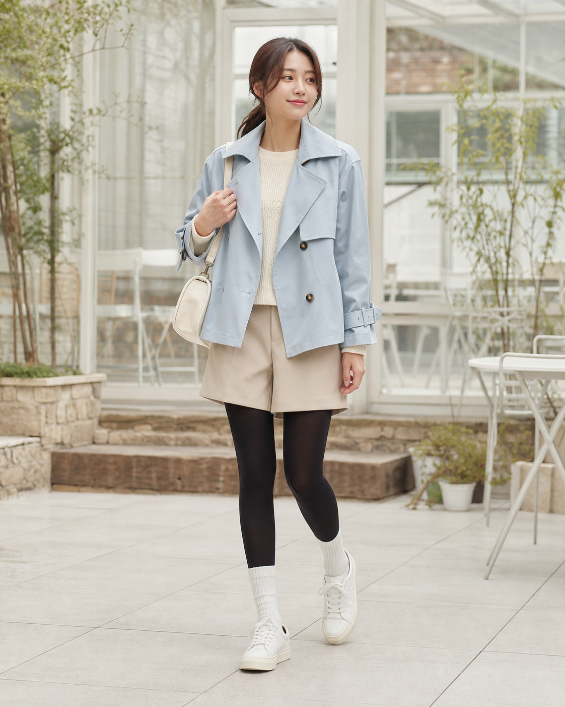 Pale Blue Walk: 40D — adult outfit with black tights layered under white socks
