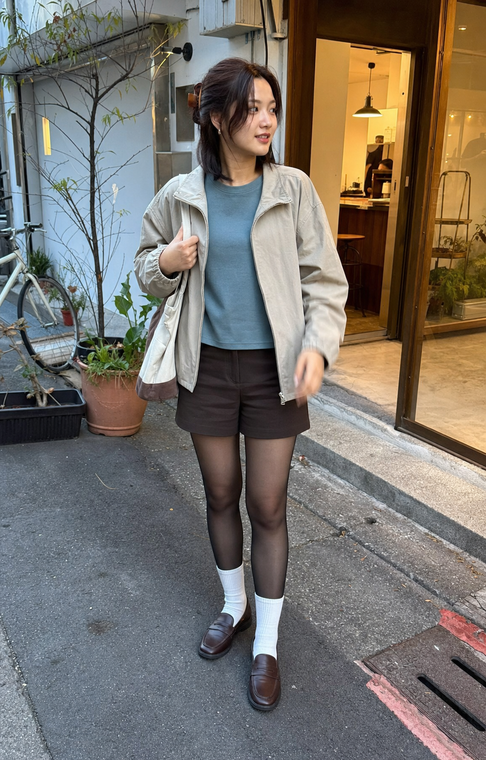 Taipei Café Snap: 20D — adult outfit with black tights layered under white socks